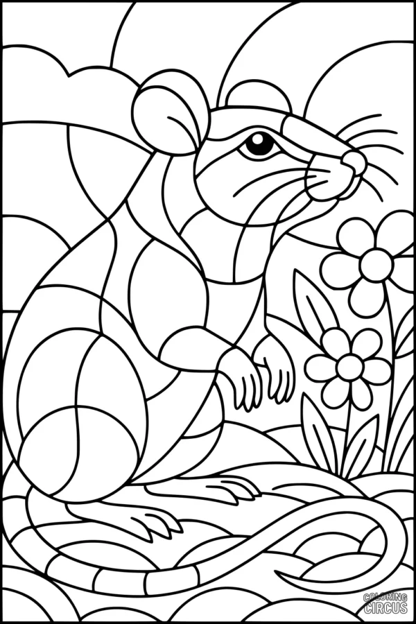 Coloring page showing a cartoon rat in a garden with flowers and clouds
