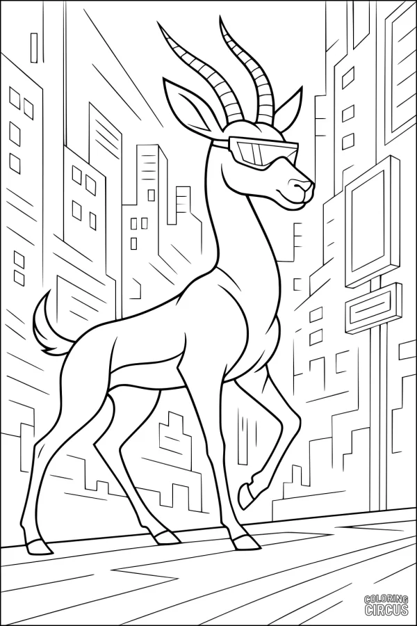 Coloring page featuring a gazelle with sunglasses confidently walking in a city setting surrounded by skyscrapers.