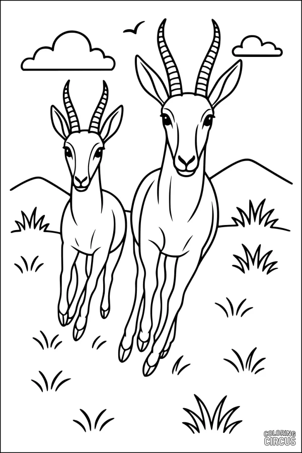 Coloring page with two gazelles running in a grassy savanna landscape with clouds and mountains