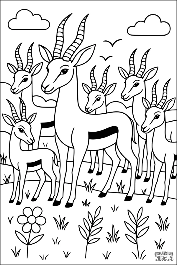 Coloring page featuring a playful group of gazelles with curved horns standing in grassy savannah with flowers, birds, and clouds.