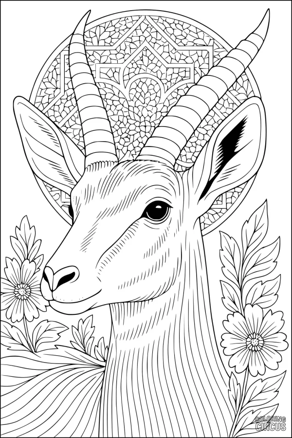 Coloring page featuring a detailed gazelle portrait with floral decorations and a patterned mosaic background