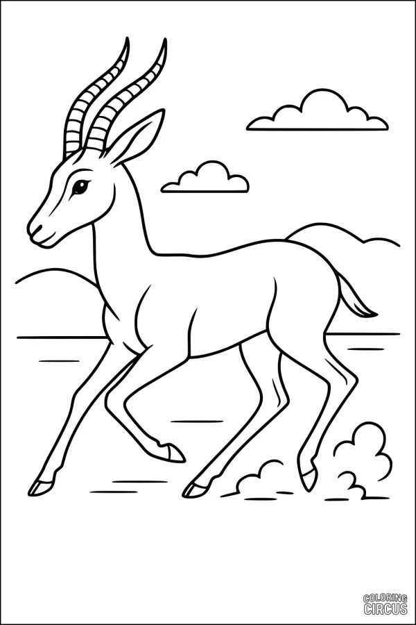 Coloring page of a smiling gazelle with curved horns running in a grassland with clouds and hills in the background