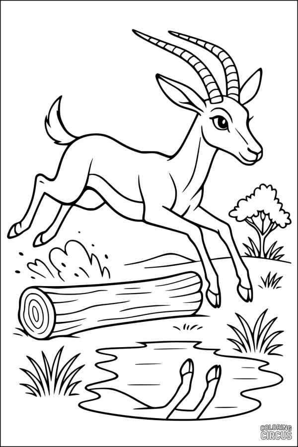 Coloring page graceful gazelle jumping over log with pond reflection for kids