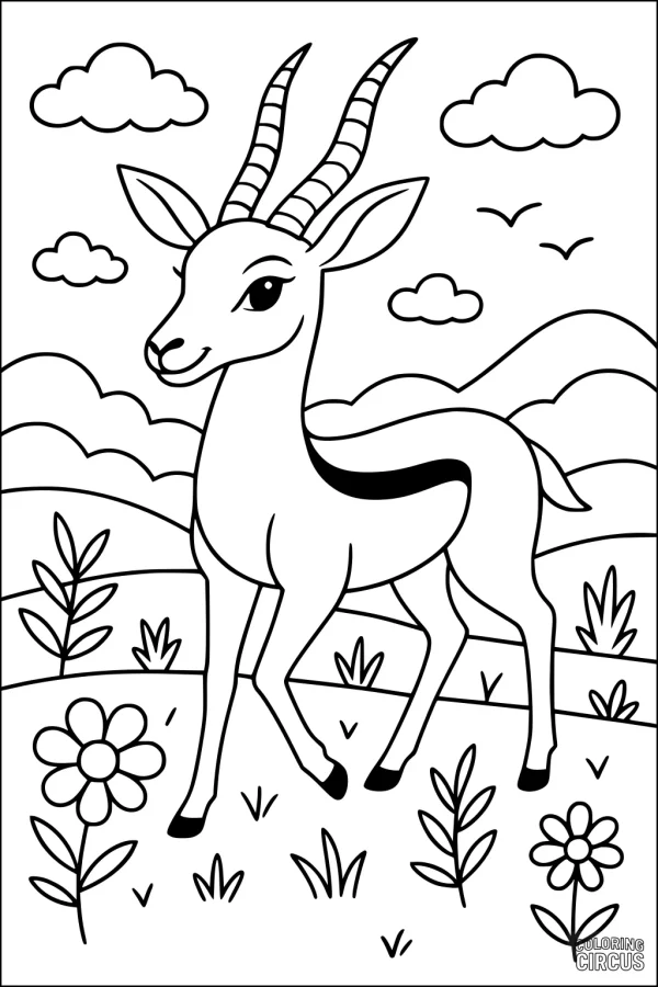 Coloring page featuring a gazelle standing in a meadow with flowers, hills, and clouds in the background
