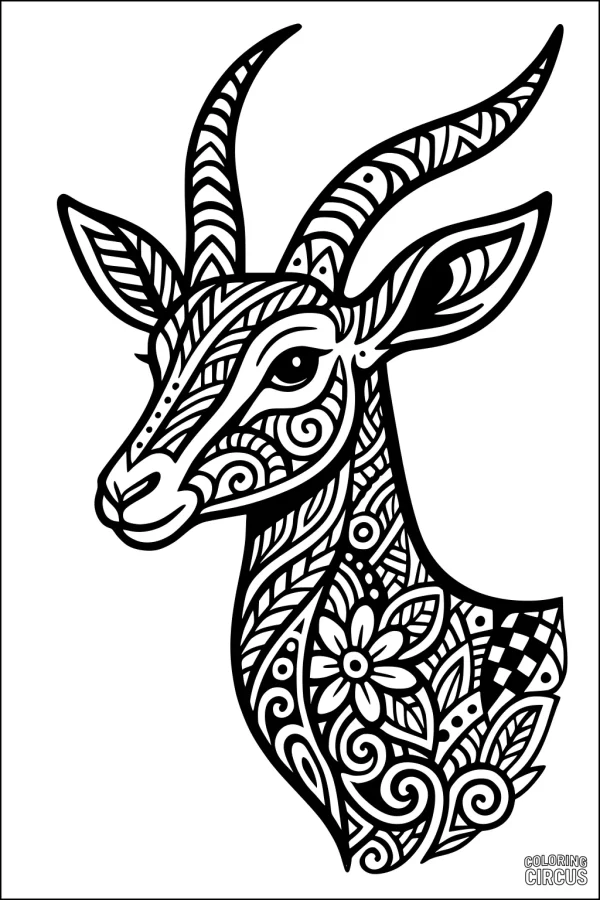 Coloring page of a gazelle head with intricate floral and geometric patterns