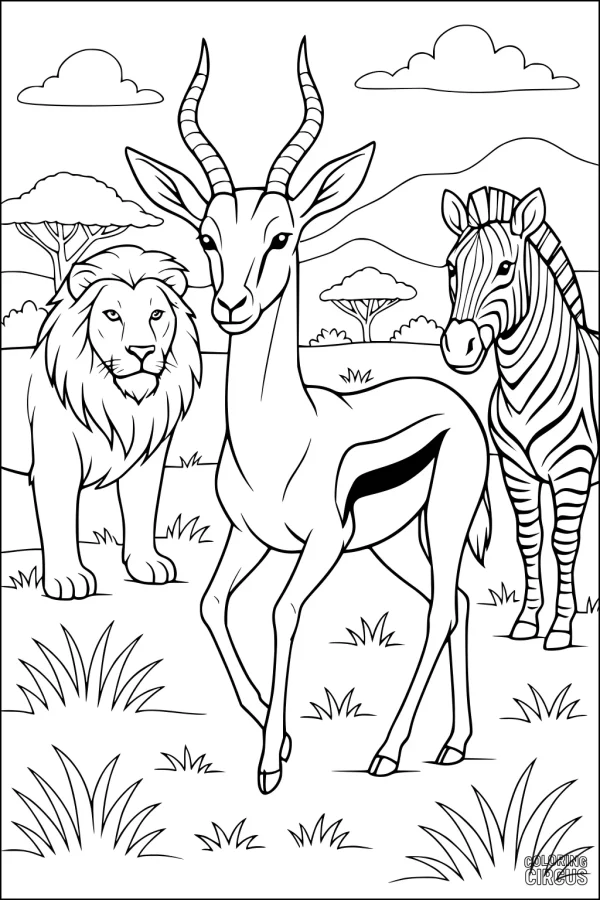 Coloring page featuring a gazelle, lion, and zebra in an African savanna