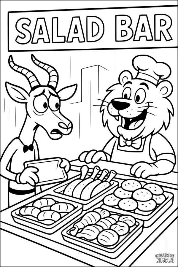 Coloring page showing a cartoon gazelle and lion chef at a salad bar with trays of food