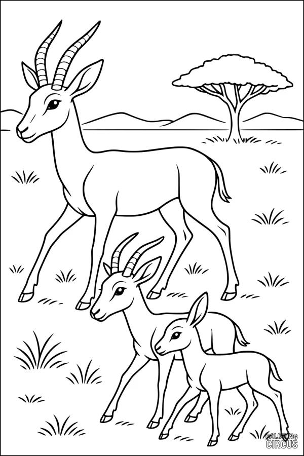 Coloring page showing three gazelles walking on a grassy savanna with a tree and mountains in the background