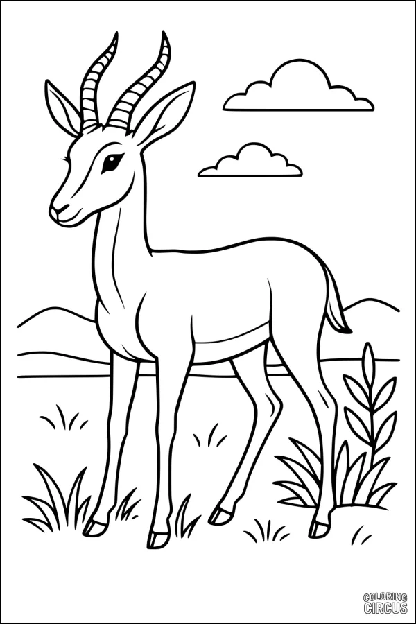 Coloring page featuring a gazelle standing in a grassy savanna with clouds and distant hills in the background