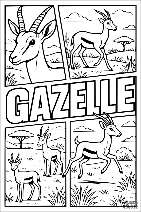 Coloring page featuring cartoon gazelles in African savannah panels with trees and clouds
