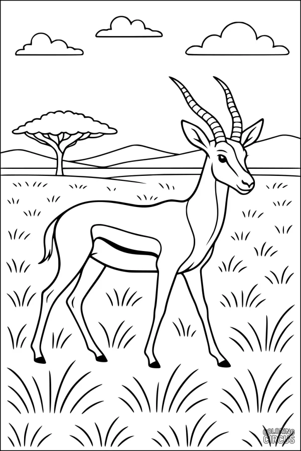 Coloring page showing a gazelle standing in a grassy savannah with distant hills, a tree, and clouds