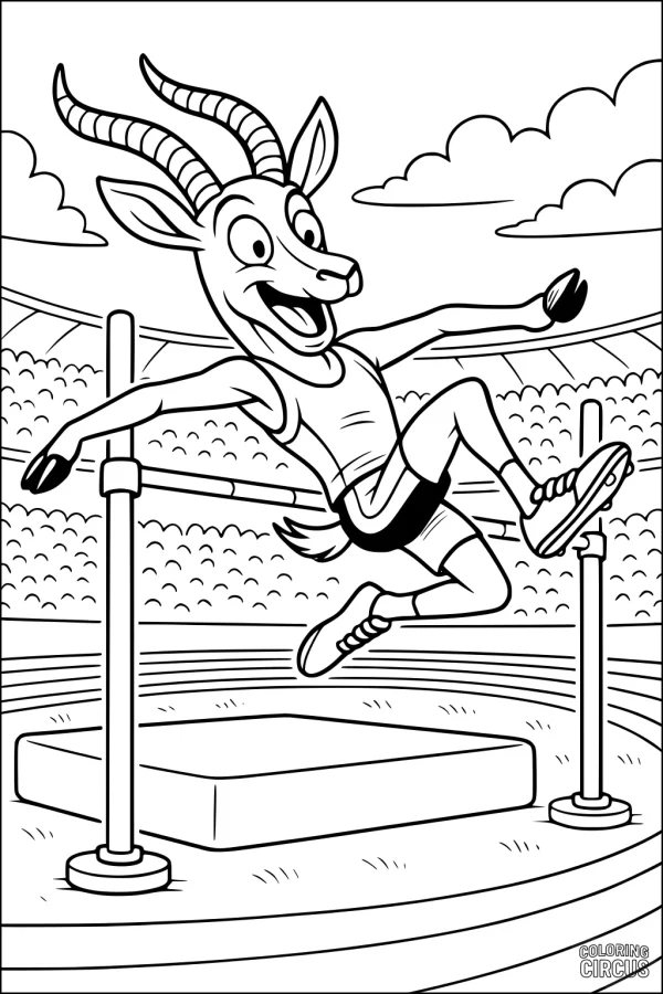 Coloring page featuring a cartoon gazelle doing a high jump in a stadium, great for animal and sports coloring activities.