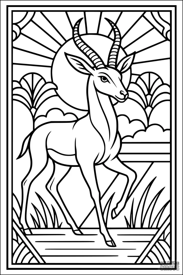 Coloring page of a gazelle standing in grass with the sun rising in the background and curved clouds behind