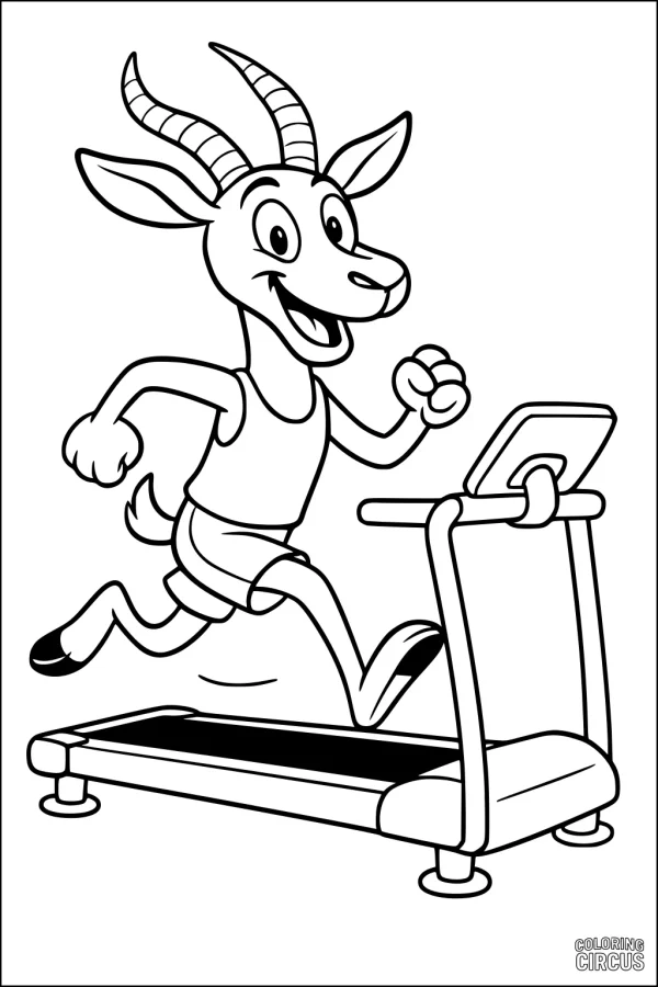 Coloring page featuring a cheerful gazelle running on a treadmill with a big smile