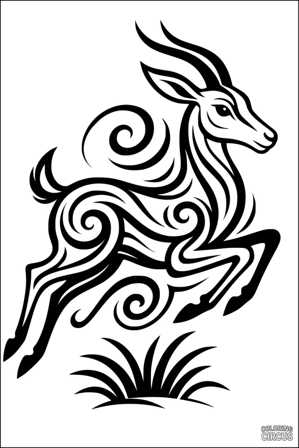 Coloring page featuring a leaping gazelle with swirling tribal patterns and grass