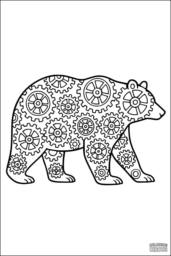 Coloring page featuring a bear silhouette filled with various interlocking gears