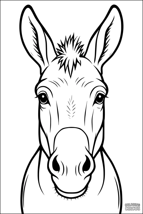 Coloring page showing a friendly donkey face with large ears and a fluffy mane