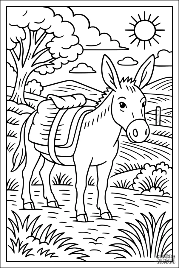 Coloring page of a donkey with saddle in sunny countryside, tree and hills in background