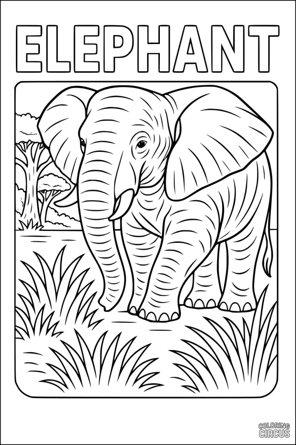 Coloring page shows an elephant walking in grass with trees in background