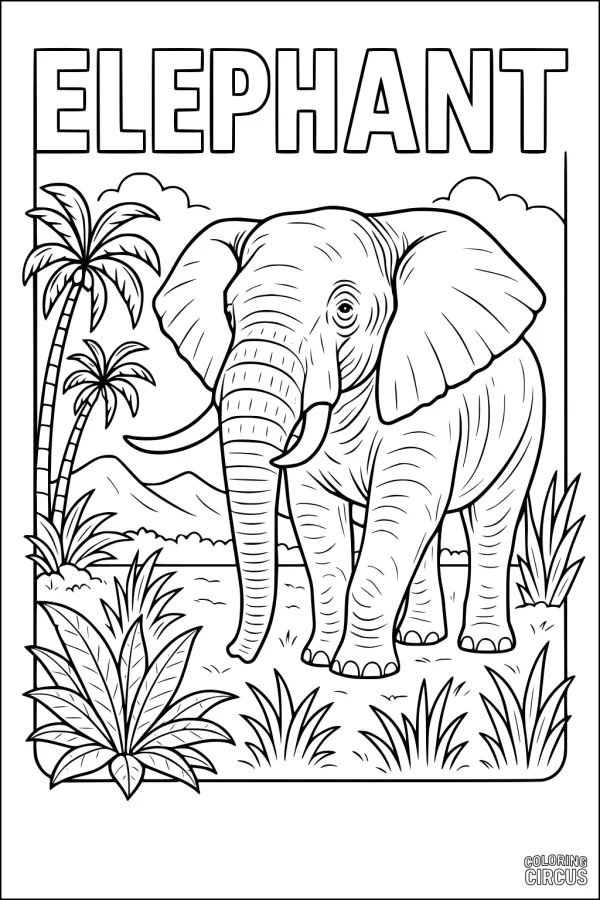 Coloring page of a friendly elephant walking in grass with palm trees and mountains in the background.