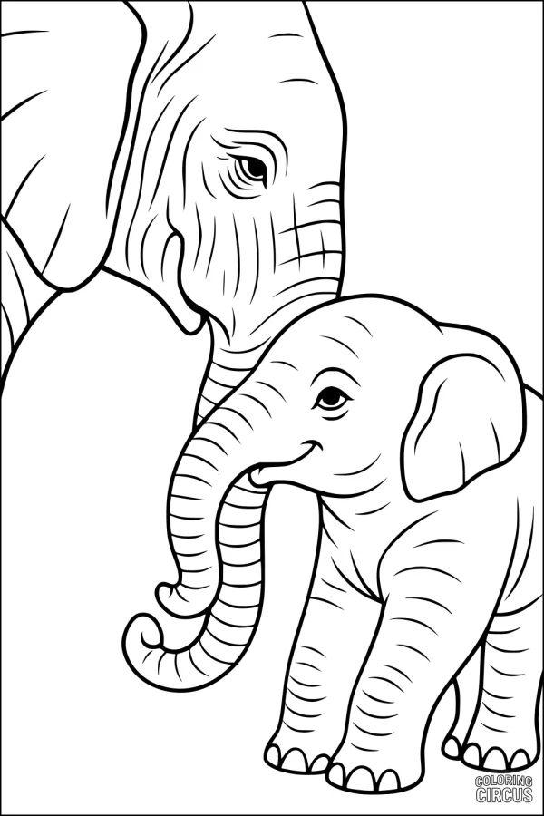 Coloring page of a parent and baby elephant standing close together, friendly and gentle scene