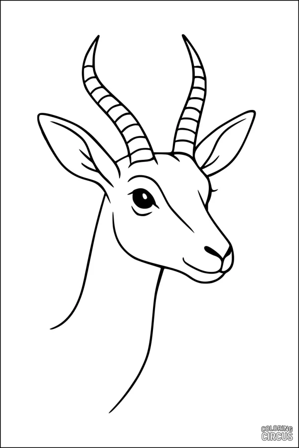 Coloring page featuring a friendly gazelle head with curved horns and large ears