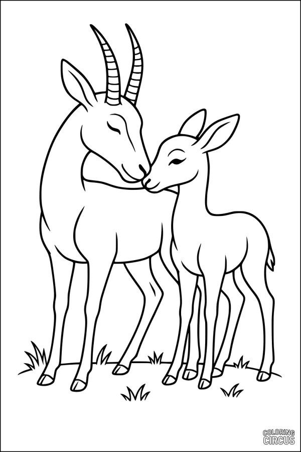 Coloring page featuring a gentle adult gazelle nuzzling a baby gazelle standing on grass