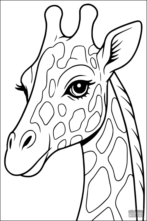 Coloring page featuring a friendly giraffe portrait with large eyes and distinctive spots