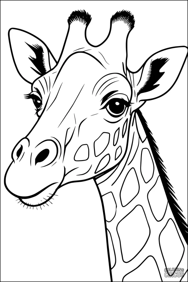 Coloring page featuring a detailed giraffe head with expressive eyes and patterned spots