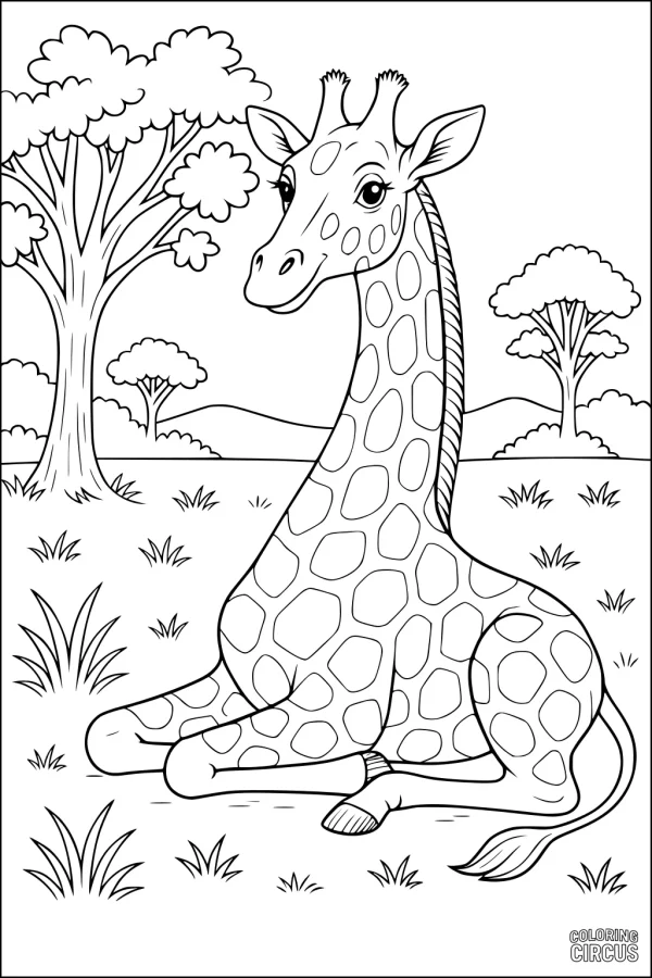 Coloring page showing a cute giraffe sitting under trees in a grassy savanna