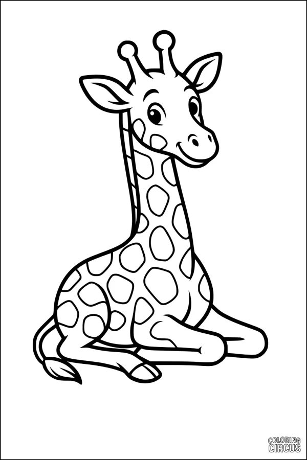 Coloring page showing a cute cartoon giraffe sitting and smiling, perfect for young children.