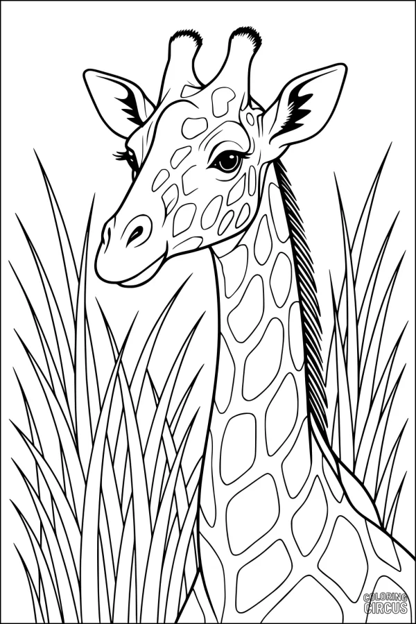 Coloring page featuring a friendly giraffe surrounded by tall savannah grass, detailed and suitable for children