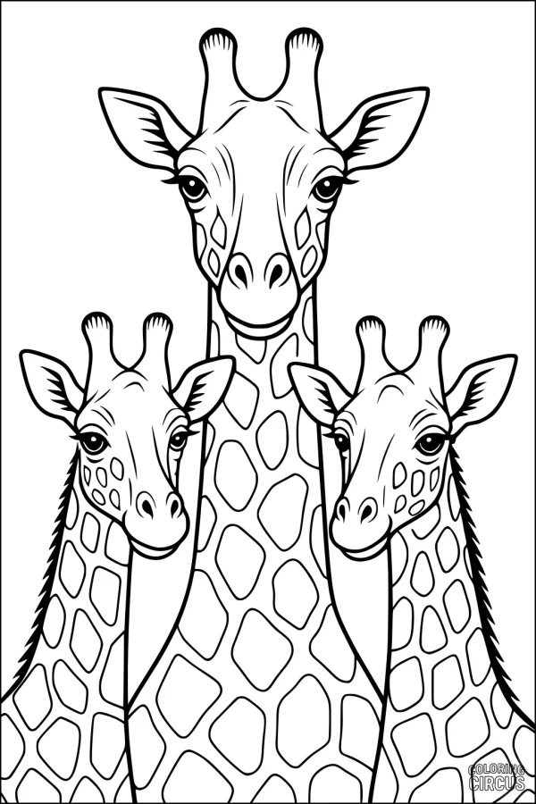 Coloring page featuring three friendly giraffes with large patterned spots and gentle expressions, ideal for kids.