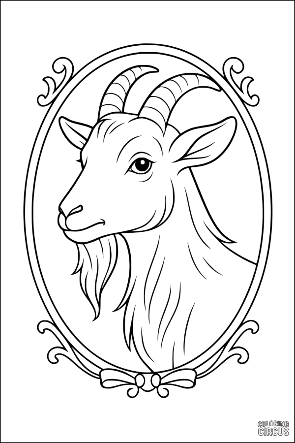 Coloring page of a goat with curved horns inside an ornate oval frame