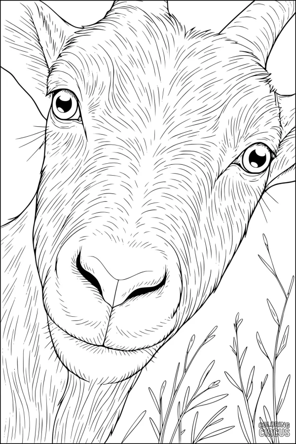 Coloring page close-up of a realistic goat face with detailed fur and meadow plants