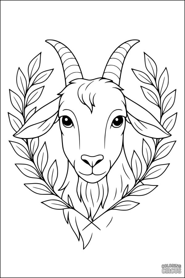 Coloring page showing a goat face framed by leafy wreath branches, designed for children