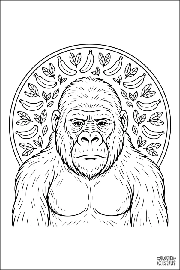 Coloring page featuring a gorilla with bananas and leaves in a circular background