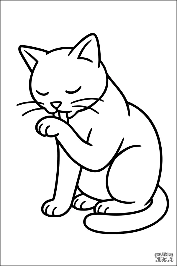 Coloring page of a cat licking its paw, simple lines and easy shapes for children
