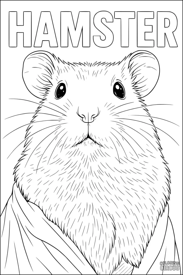 Coloring page featuring a detailed cartoon hamster with big eyes and text HAMSTER above