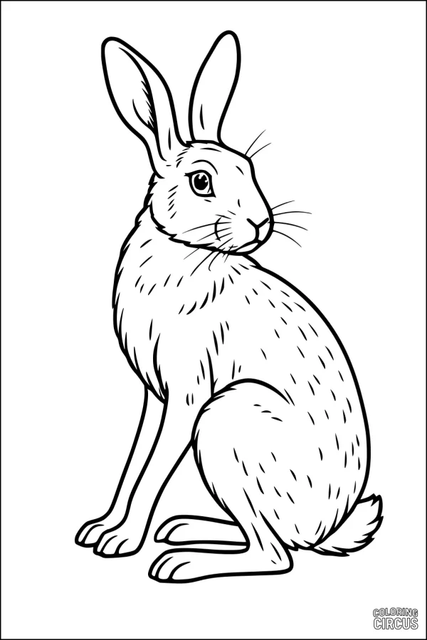 Coloring page featuring a sitting hare with tall ears and textured fur, suitable for children.