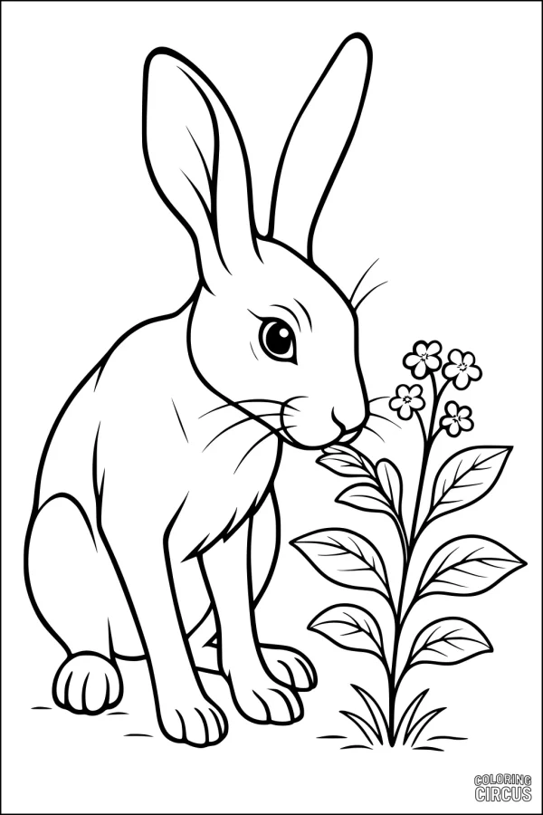 Coloring page of a sitting hare beside blooming wildflowers
