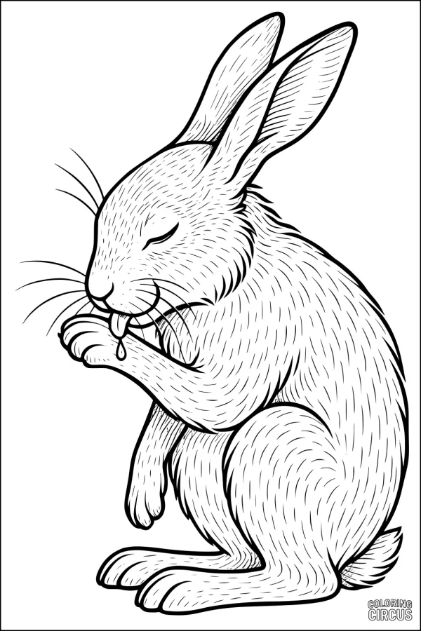 Coloring page showing a gentle hare cleaning its paw with its eyes closed