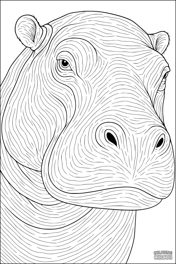 Coloring page of a detailed hippopotamus face with curved textured lines for kids and adults