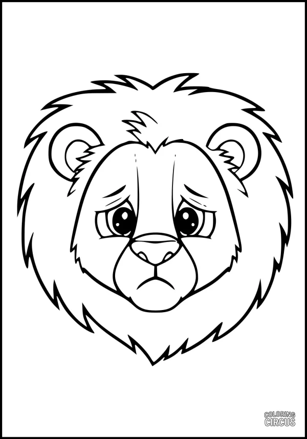 Coloring page featuring a cute, gentle lion face with a thoughtful expression for children