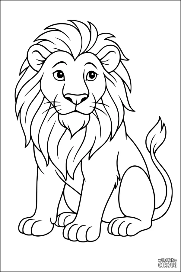 Coloring page of a cute cartoon lion with a full mane, seated and looking forward.