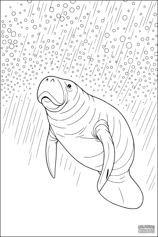 Coloring page featuring a friendly manatee swimming through bubbles underwater