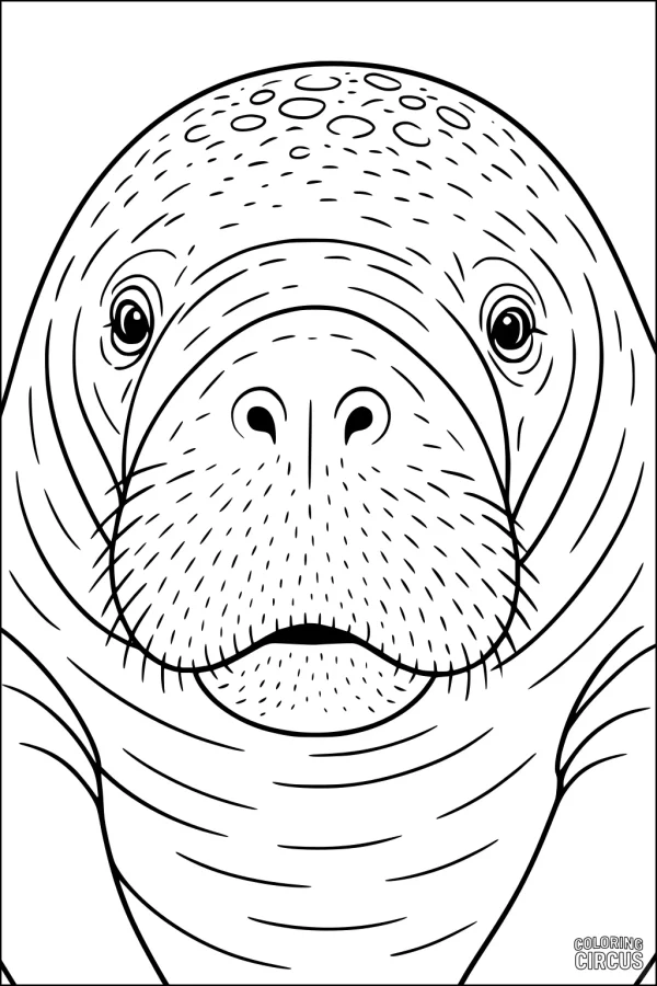 Coloring page of a close-up manatee face with friendly features