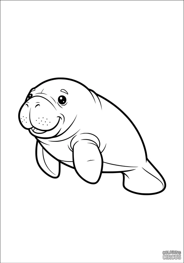 Coloring page featuring a smiling cartoon manatee with flippers and whiskers.