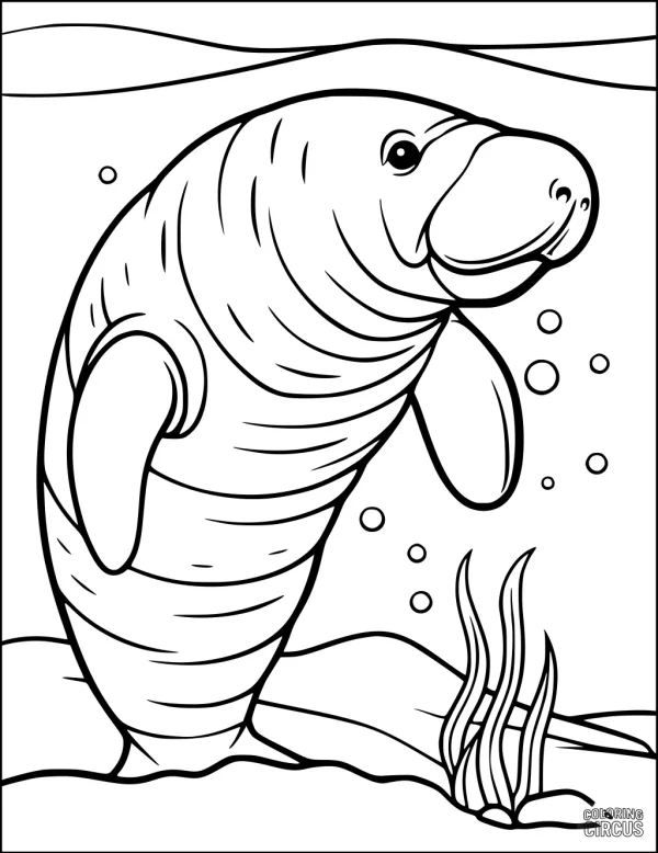 Coloring page showing a friendly manatee swimming underwater beside sea grass and bubbles