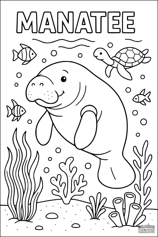 Coloring page showing a happy manatee swimming underwater with fish, a turtle, seaweed, and coral.